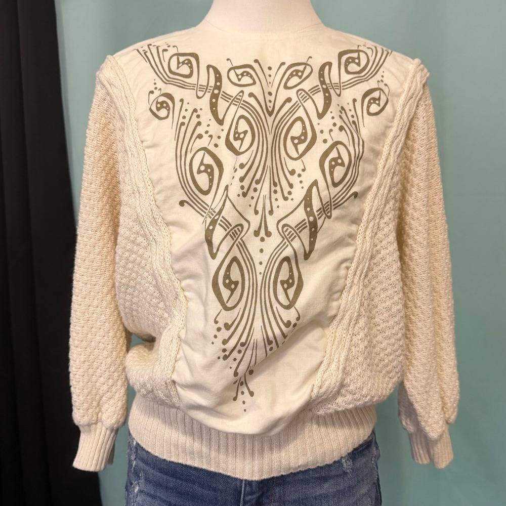 Side Effects Vintage Art Nouveau Panel Cable Knit Sweater Cream L Grandmacore